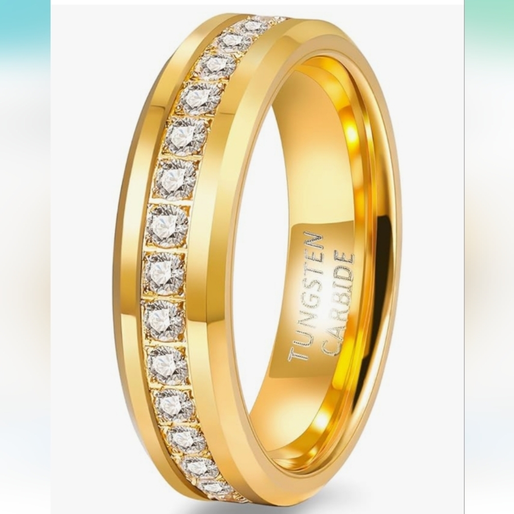 Fashion Jewelry Gold Tungsten Ring with Sparkling Accents